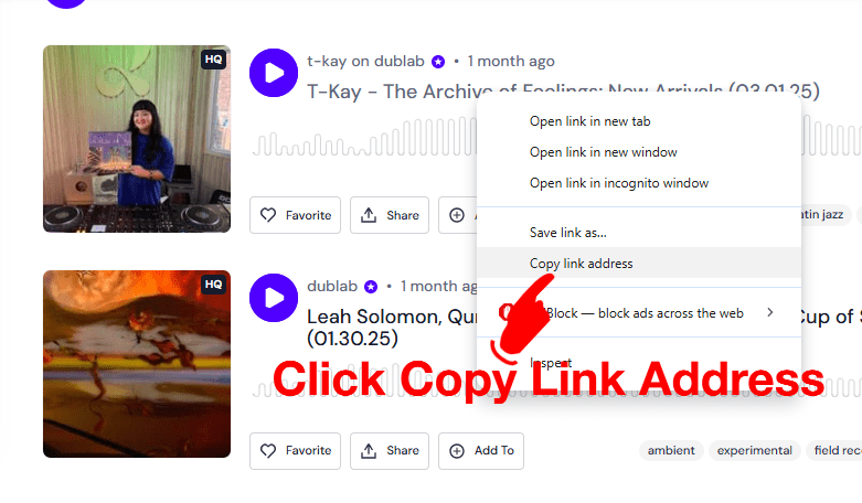 Copy Mixcloud track URL from browser address bar on desktop