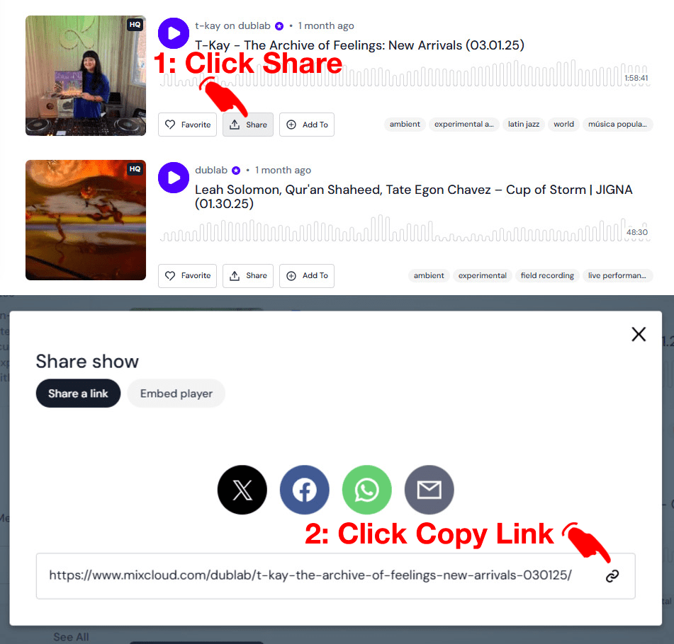Tap the Mixcloud share icon on mobile and select Copy Link option